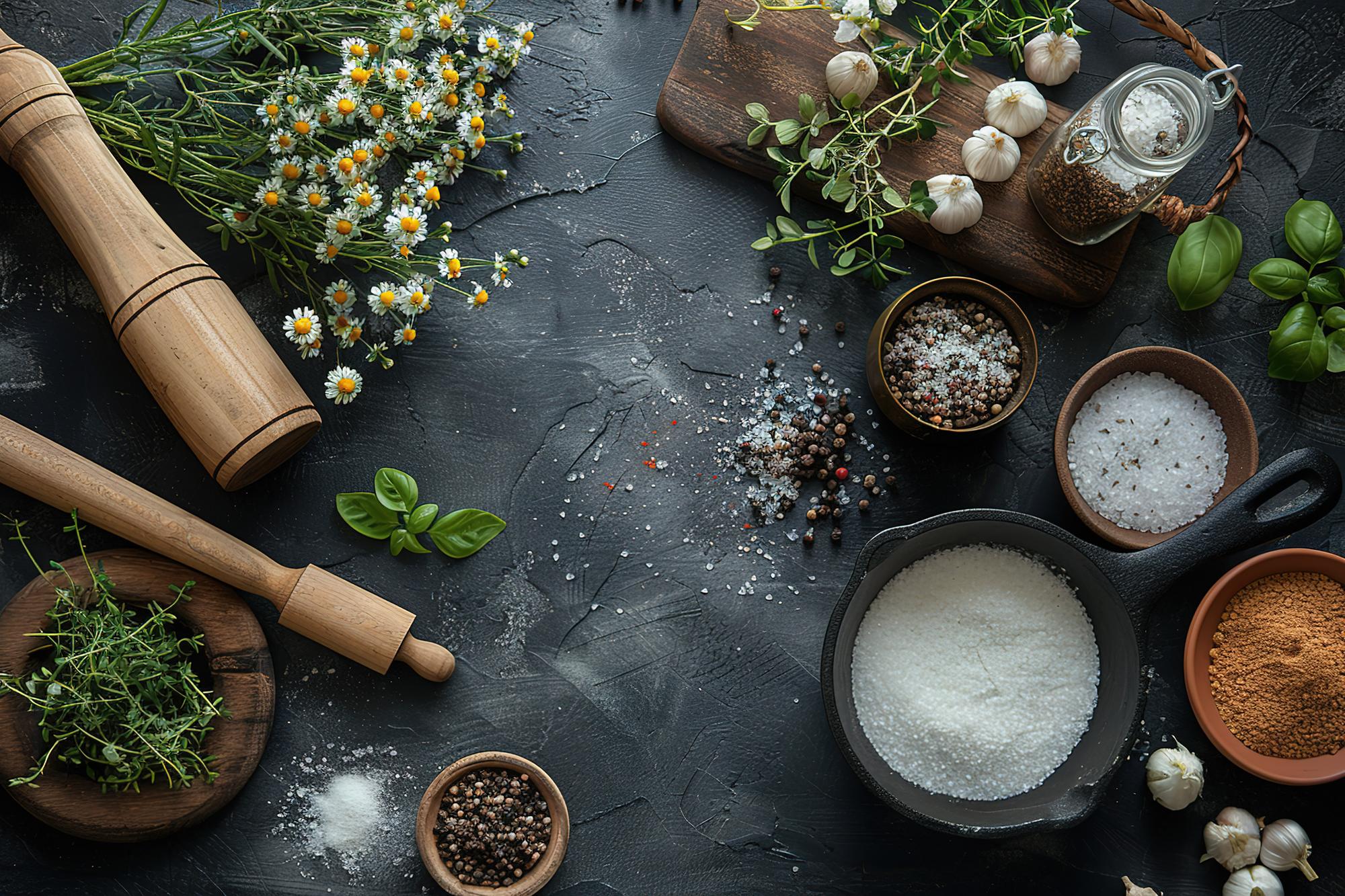 Tavolo da cucina con erbe, farine e utensili